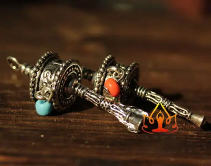 Tibetan Tibet Buddhist DIY Mini Gem OM Prayer Wheel Amulet Pendant 2PCS