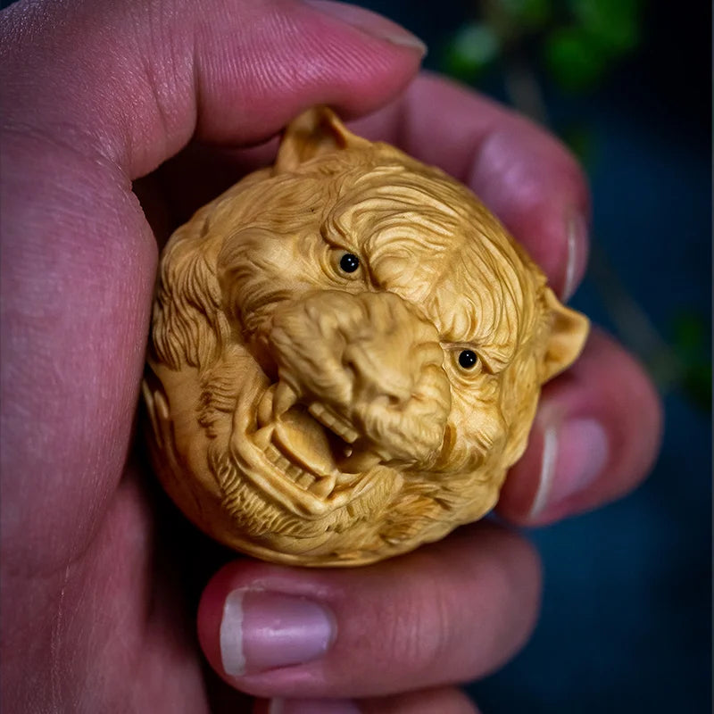 Tiger Head New Year Gift Boxwood Wood Carving Zodiac Pendant Crafts 4.6CM