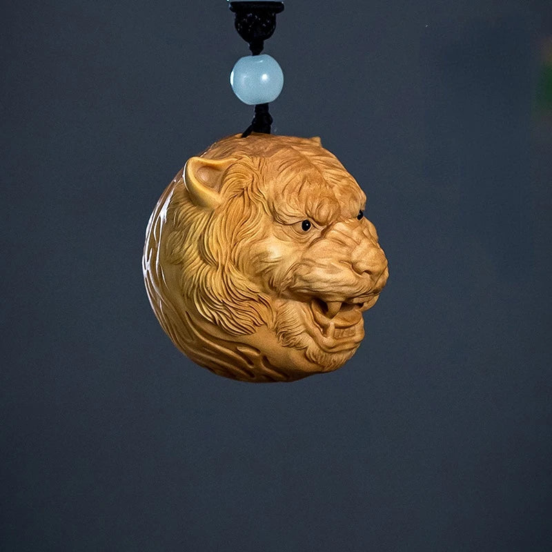 Tiger Head New Year Gift Boxwood Wood Carving Zodiac Pendant Crafts 4.6CM