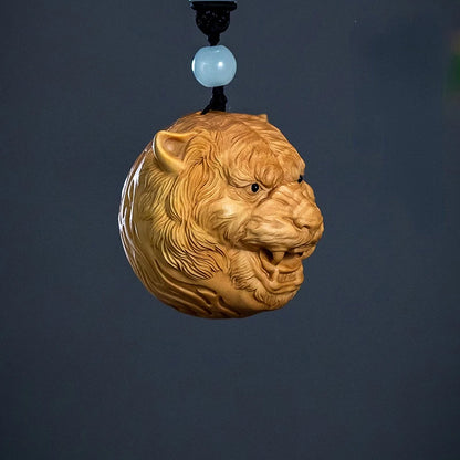 Tiger Head New Year Gift Boxwood Wood Carving Zodiac Pendant Crafts 4.6CM