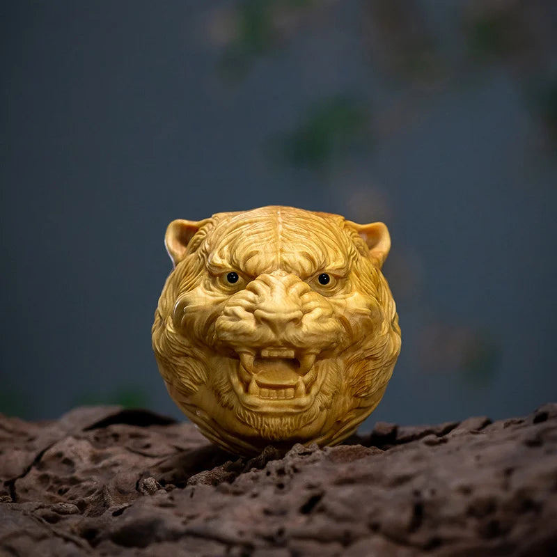 Tiger Head New Year Gift Boxwood Wood Carving Zodiac Pendant Crafts 4.6CM
