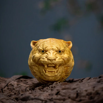 Tiger Head New Year Gift Boxwood Wood Carving Zodiac Pendant Crafts 4.6CM