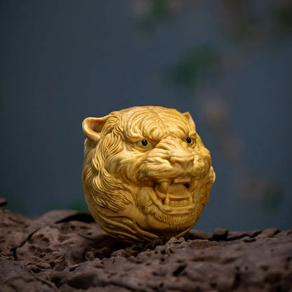 Tiger Head New Year Gift Boxwood Wood Carving Zodiac Pendant Crafts 4.6CM