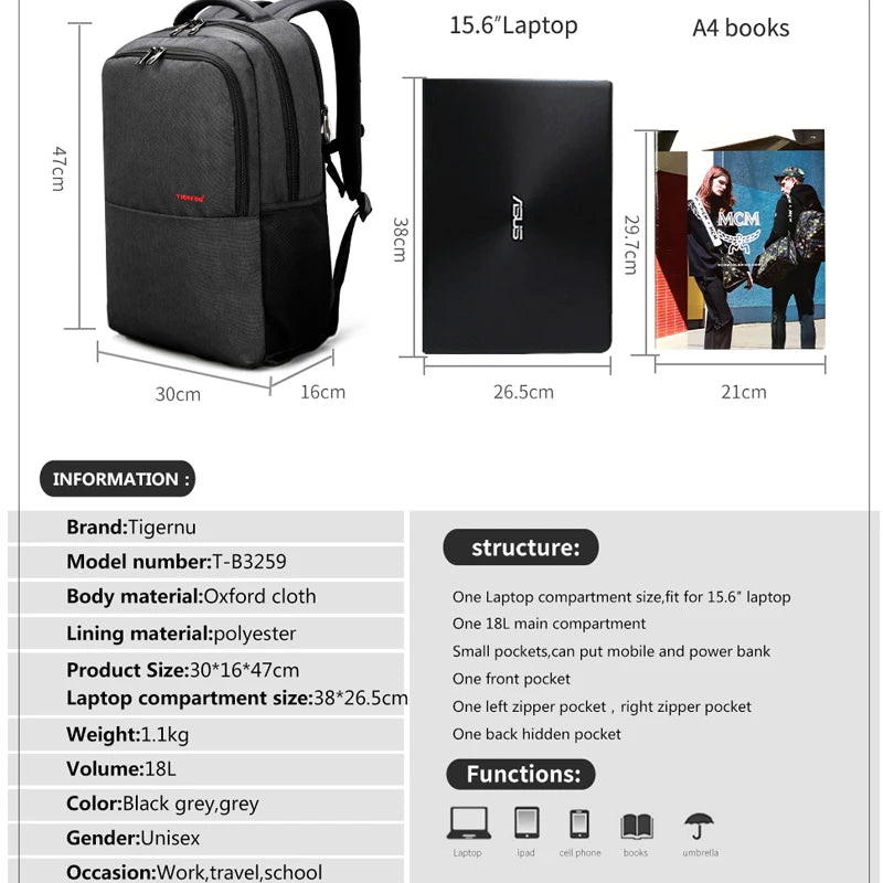 Tigernu Brand 15.6inch Laptop Backpack Waterproof  Women Backpacks Slim Unisex School Bags Backpack For Travel Female Grey Bags