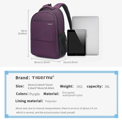 Tigernu Fashion Women Backpack Purple Anti Theft 15.6inch Laptop Backpack Female Waterproof Travel Backpack School Backpack Bags