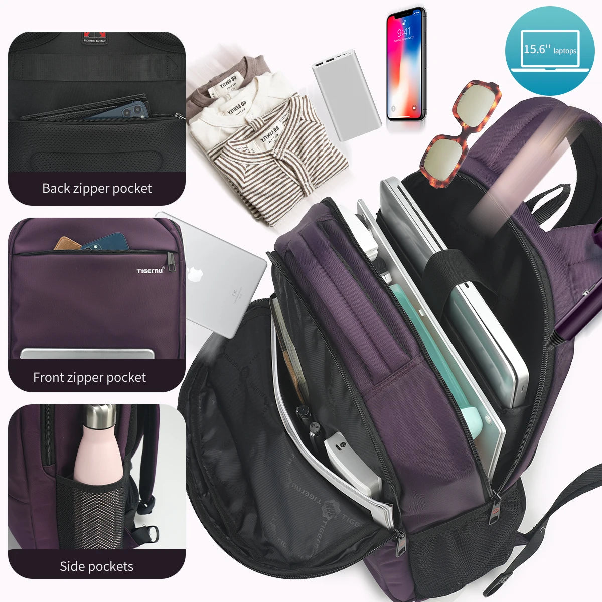 Tigernu Fashion Women Backpack Purple Anti Theft 15.6inch Laptop Backpack Female Waterproof Travel Backpack School Backpack Bags