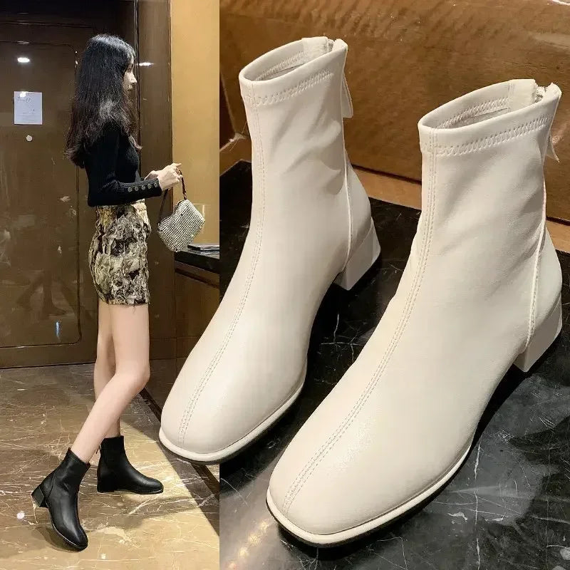 Toe Retro New Ankle Square Women Women Thicks Ladies Boots Elastic Fashion Shoes 2022 High Heel Socks Heel Boots Short Boots