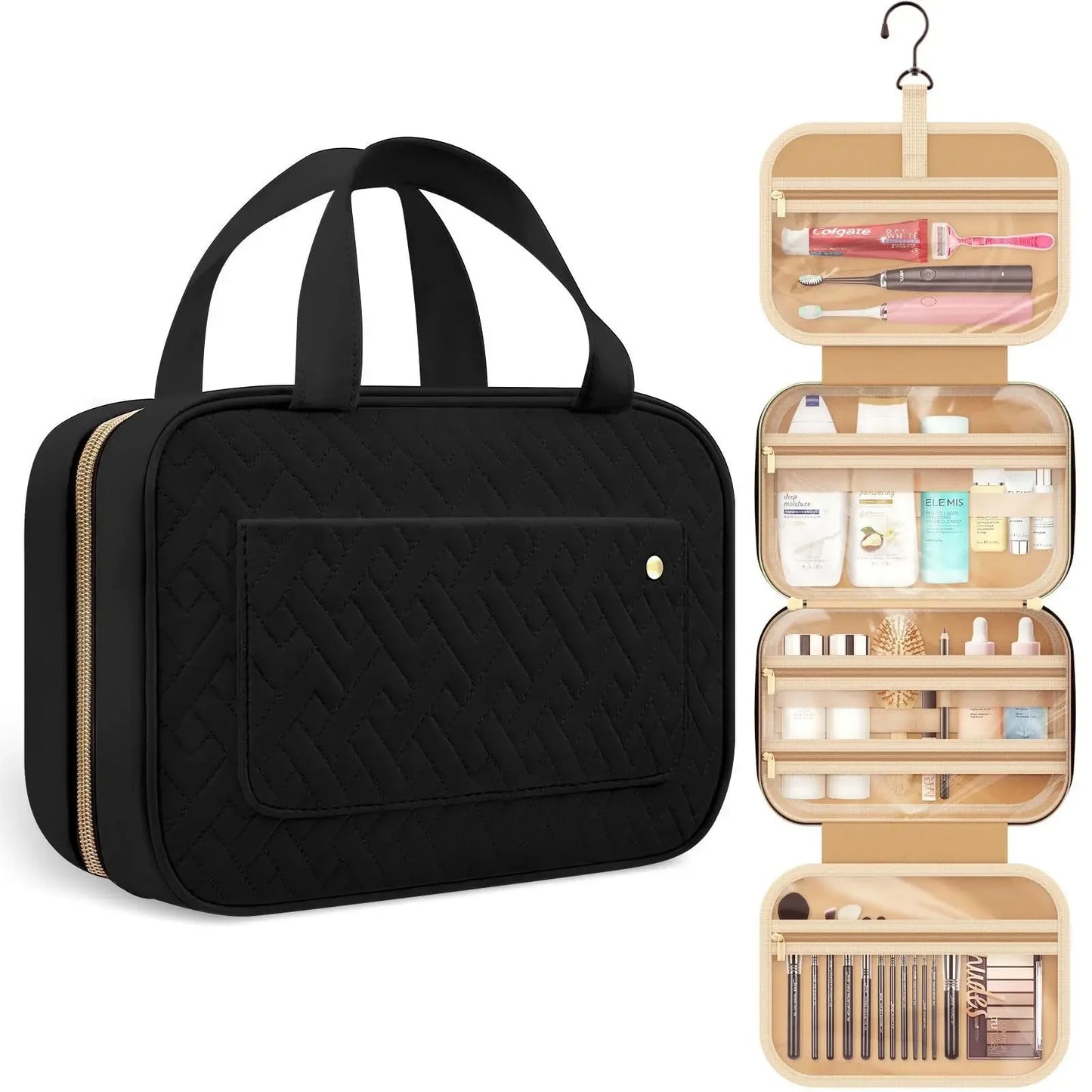 Toiletry Travel Bag with Hanging Hook,Water-resistant Makeup Cosmetic Bag Travel Organizer for Accessories,Full-size Container