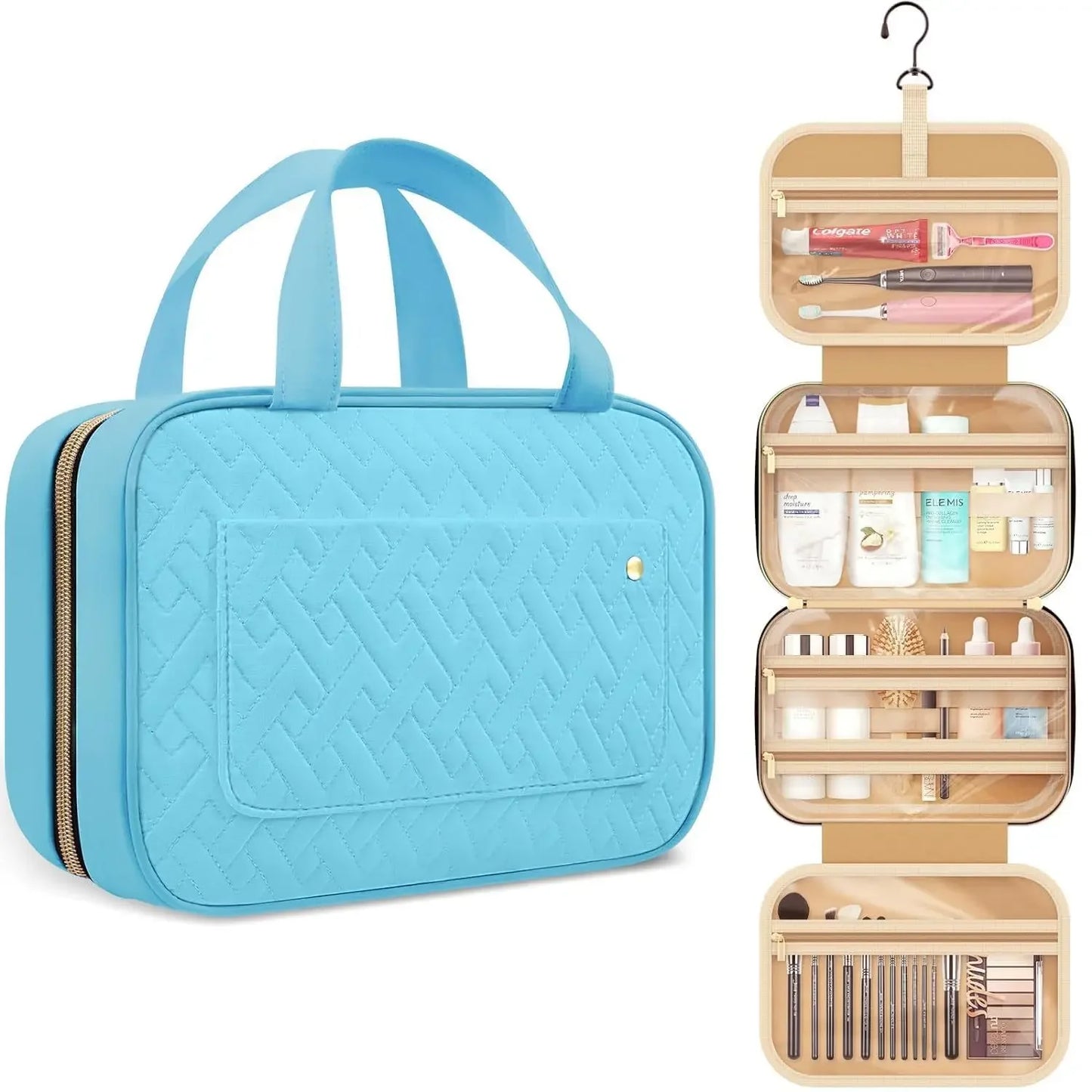 Toiletry Travel Bag with Hanging Hook,Water-resistant Makeup Cosmetic Bag Travel Organizer for Accessories,Full-size Container