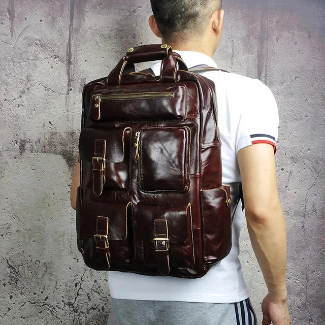 Top Quality Crazy Horse Cowhide First Layer Knapsack Male Computer Bag School Bags Vintage Genuine Leather Rucksack Men Backpack