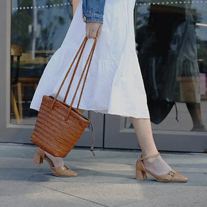 Top layer cowhide leather Hand knitting woven shoulder bag, vintage genuine leather, vegetable basket travel beach tote bag