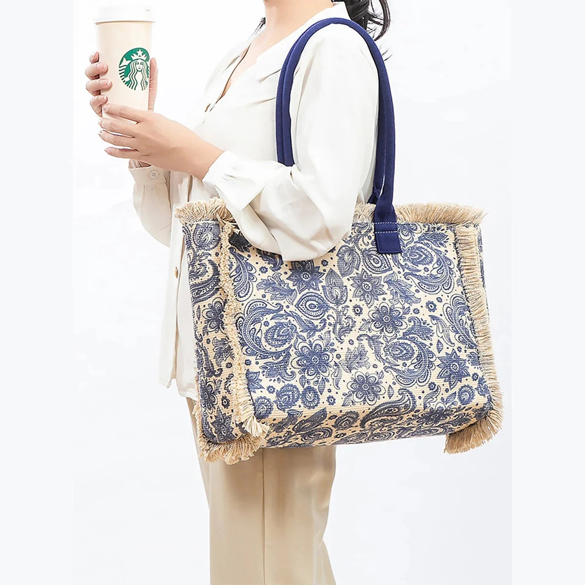 Tote Bohemian Retro Shoulder 2024 Spring and Summer Zipper Large Capacity Canvas Bag Women's Handbag