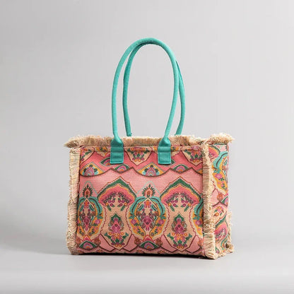 Tote Bohemian Retro Shoulder 2024 Spring and Summer Zipper Large Capacity Canvas Bag Women's Handbag