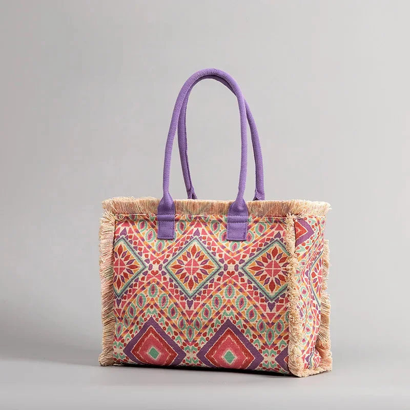 Tote Bohemian Retro Shoulder 2024 Spring and Summer Zipper Large Capacity Canvas Bag Women's Handbag