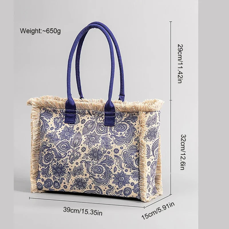 Tote Bohemian Retro Shoulder 2024 Spring and Summer Zipper Large Capacity Canvas Bag Women's Handbag