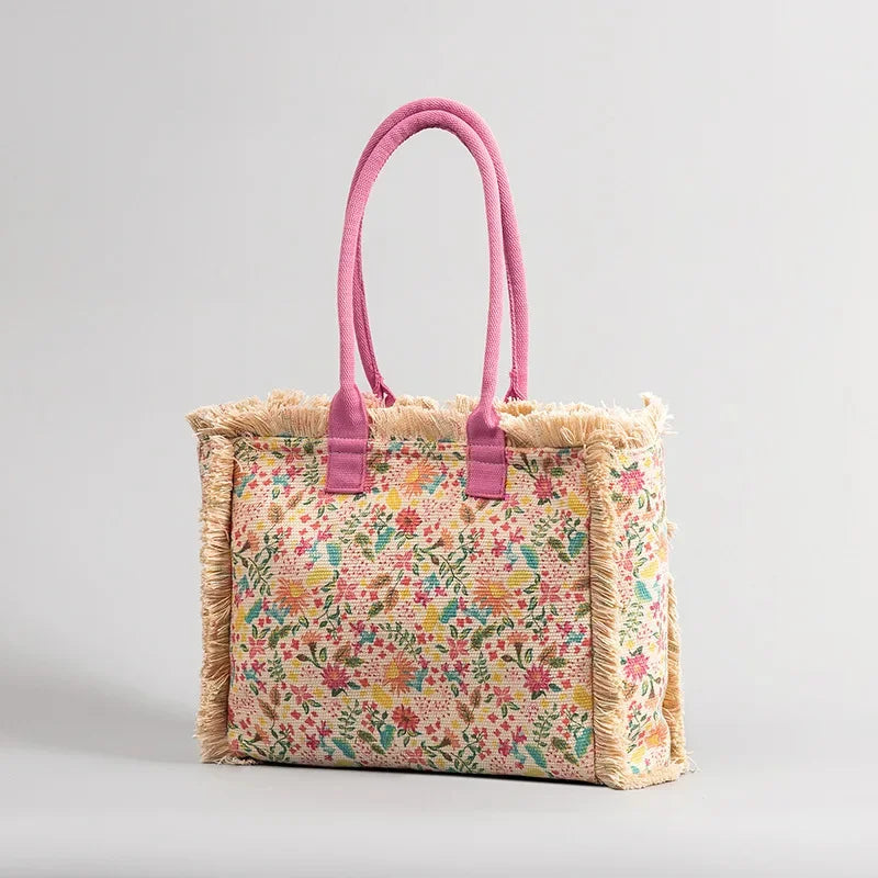 Tote Bohemian Retro Shoulder 2024 Spring and Summer Zipper Large Capacity Canvas Bag Women's Handbag
