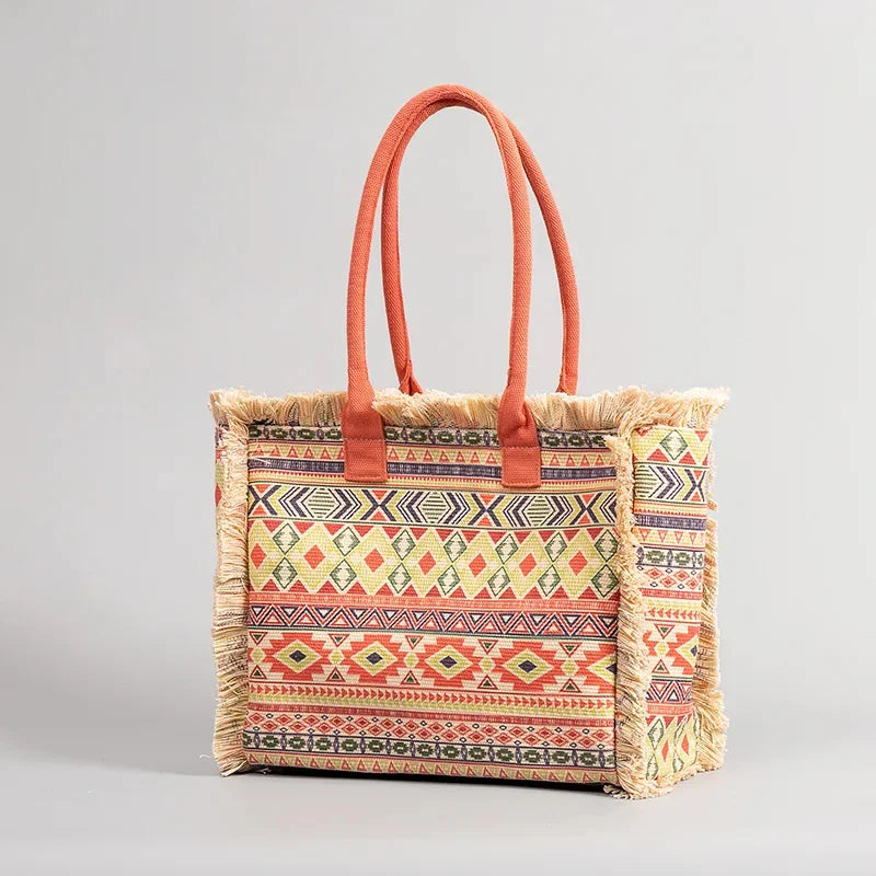 Tote Bohemian Retro Shoulder 2024 Spring and Summer Zipper Large Capacity Canvas Bag Women's Handbag