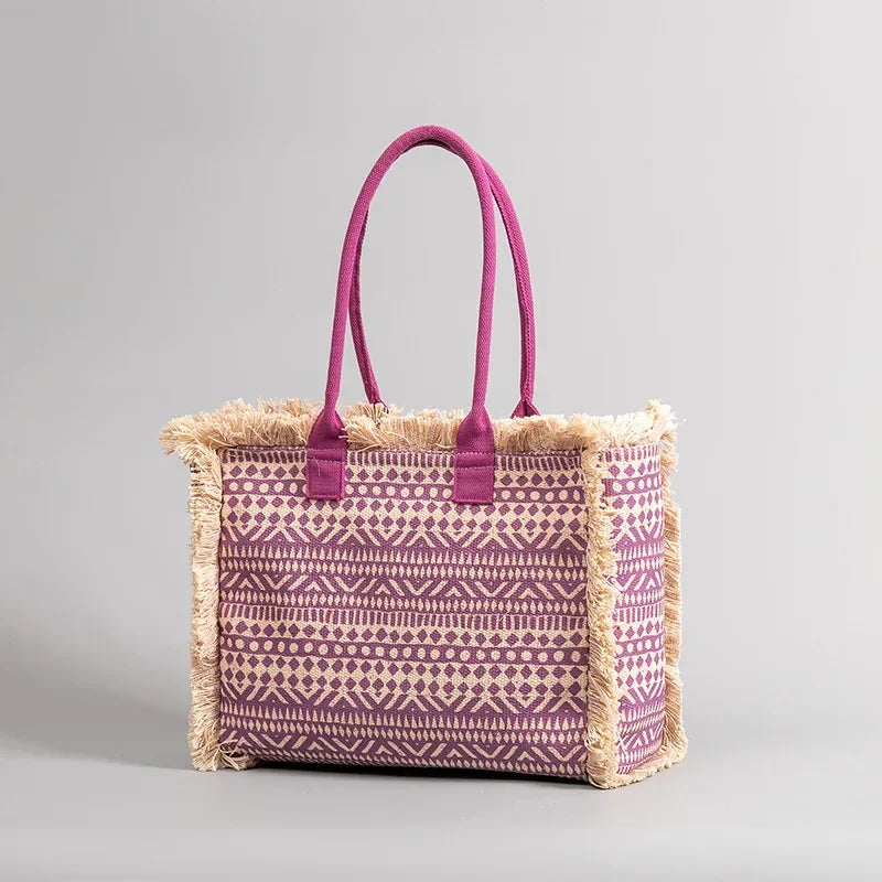 Tote Bohemian Retro Shoulder 2024 Spring and Summer Zipper Large Capacity Canvas Bag Women's Handbag