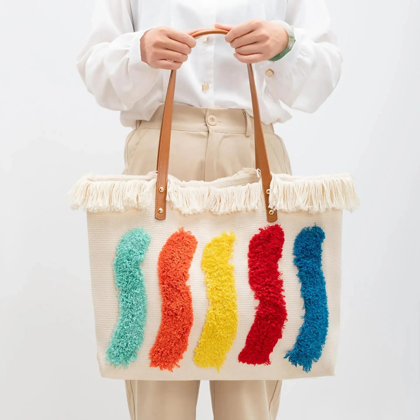 Tote Contrast Color High-end Canvas 2024 Large Capacity Women's Commuting Handbag Fashion Rainbow Shoulder Bag