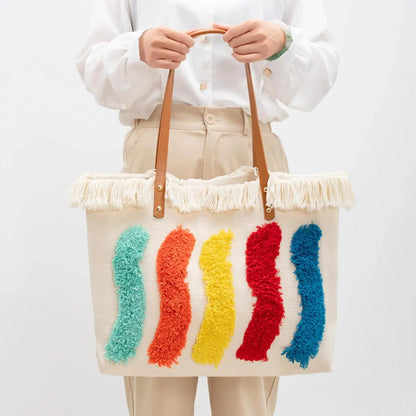 Tote Contrast Color High-end Canvas 2024 Large Capacity Women's Commuting Handbag Fashion Rainbow Shoulder Bag