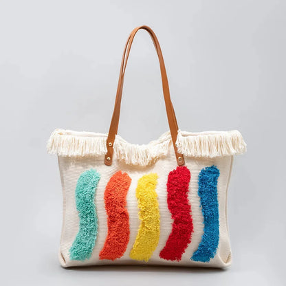 Tote Contrast Color High-end Canvas 2024 Large Capacity Women's Commuting Handbag Fashion Rainbow Shoulder Bag