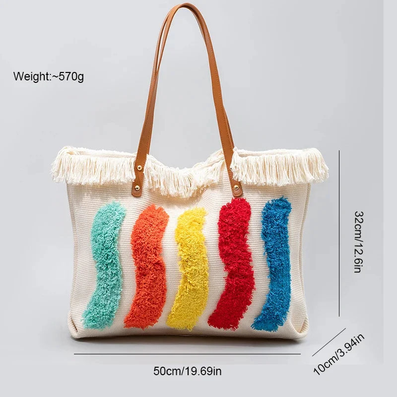 Tote Contrast Color High-end Canvas 2024 Large Capacity Women's Commuting Handbag Fashion Rainbow Shoulder Bag