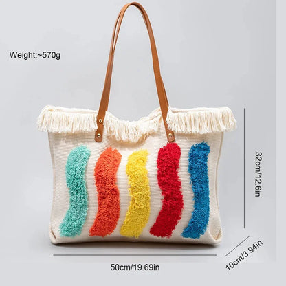 Tote Contrast Color High-end Canvas 2024 Large Capacity Women's Commuting Handbag Fashion Rainbow Shoulder Bag