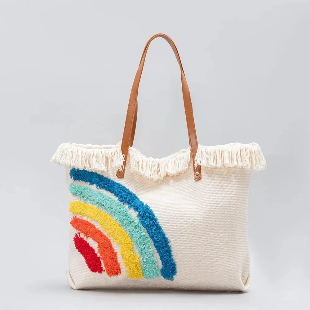 Tote Contrast Color High-end Canvas 2024 Large Capacity Women's Commuting Handbag Fashion Rainbow Shoulder Bag