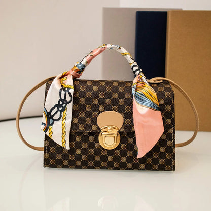 Tote with Scarf Bag Summer PU Leather Printing Shoulder Crossbody Cell Phone Square Bag for Women