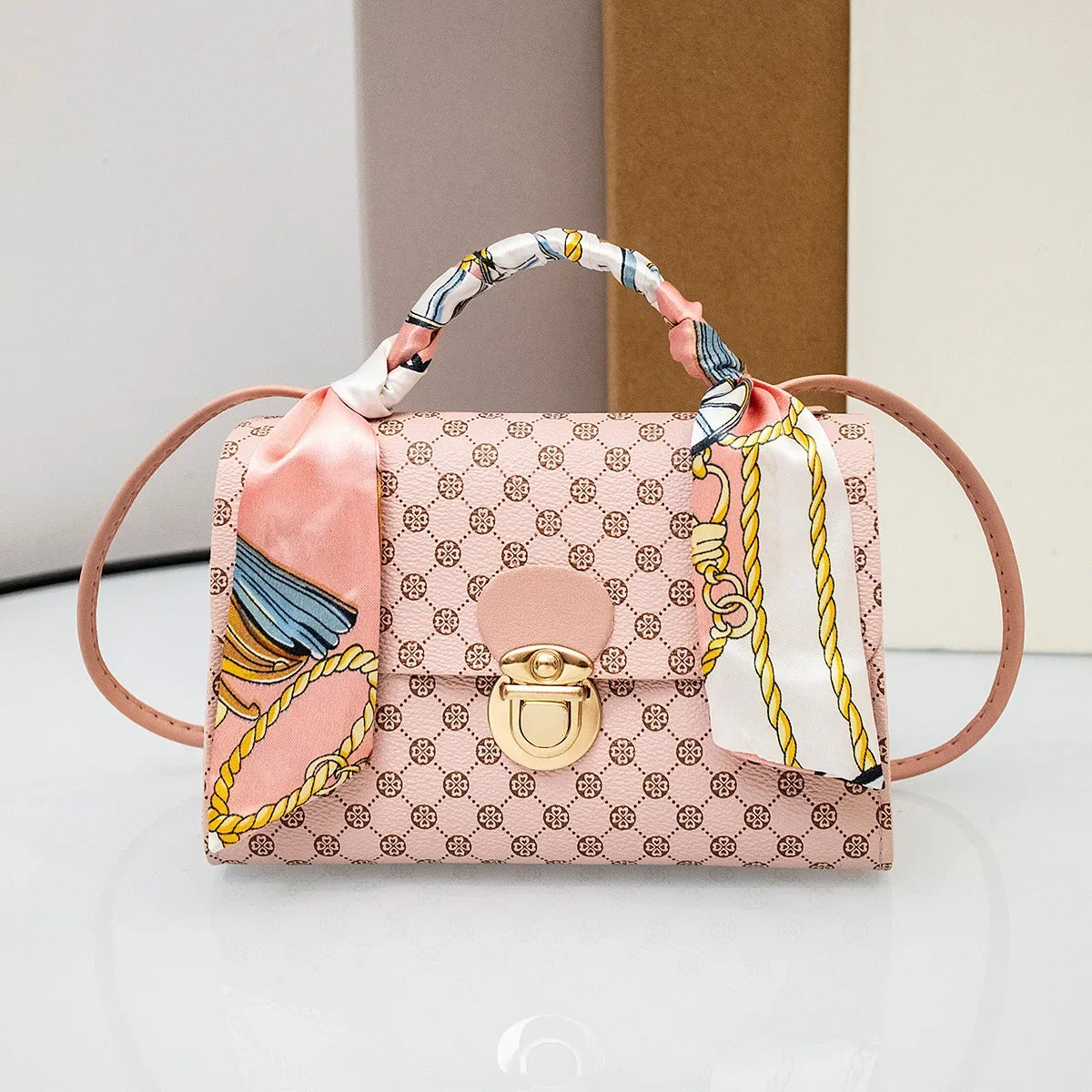 Tote with Scarf Bag Summer PU Leather Printing Shoulder Crossbody Cell Phone Square Bag for Women