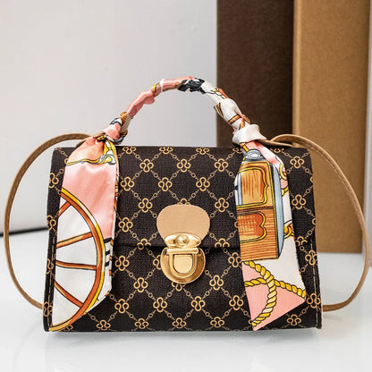 Tote with Scarf Bag Summer PU Leather Printing Shoulder Crossbody Cell Phone Square Bag for Women