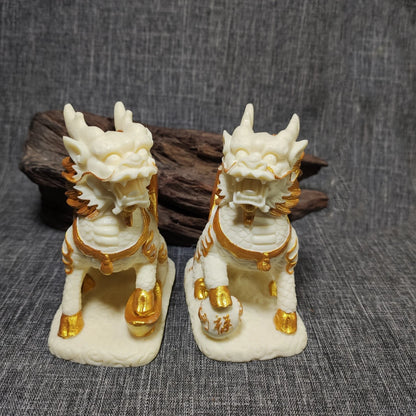 Tracing Gold Mascot Kirin Fortune Small Statue Resin Art Sculpture Home room, office decoration ornaments A pair