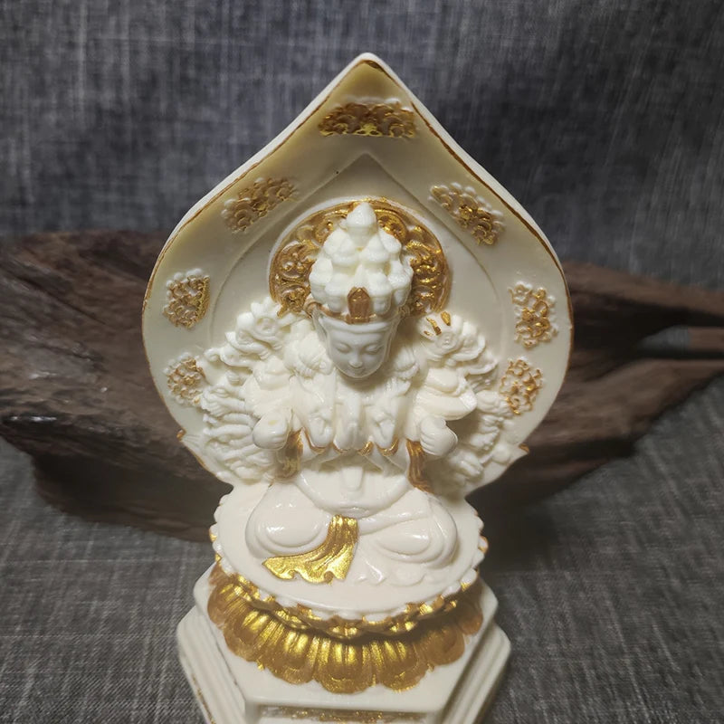 Tracing Gold Qian Shou Guanyin Figure Buddha Small Statue Resin Art Sculpture Home Room Office Feng Shui Statue Free delivery