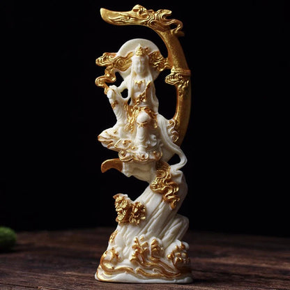 Tracing Gold Shuiyue Guanyin Bodhisattva Buddha Statue Resin Art Sculpture Home Room, Office Feng Shui Statue Free delivery