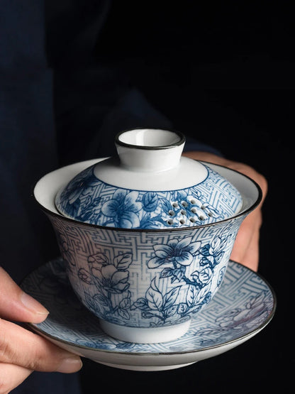 Traditional Blue and White Porcelain Gaiwan Travel Tea Bowl Handmade Ceramic Teacup Home Teaware Accessories Drinkware 160ml