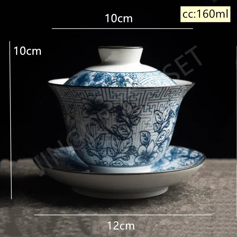 Traditional Blue and White Porcelain Gaiwan Travel Tea Bowl Handmade Ceramic Teacup Home Teaware Accessories Drinkware 160ml