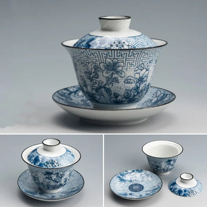 Traditional Blue and White Porcelain Gaiwan Travel Tea Bowl Handmade Ceramic Teacup Home Teaware Accessories Drinkware 160ml