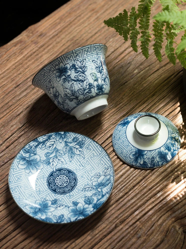 Traditional Blue and White Porcelain Gaiwan Travel Tea Bowl Handmade Ceramic Teacup Home Teaware Accessories Drinkware 160ml