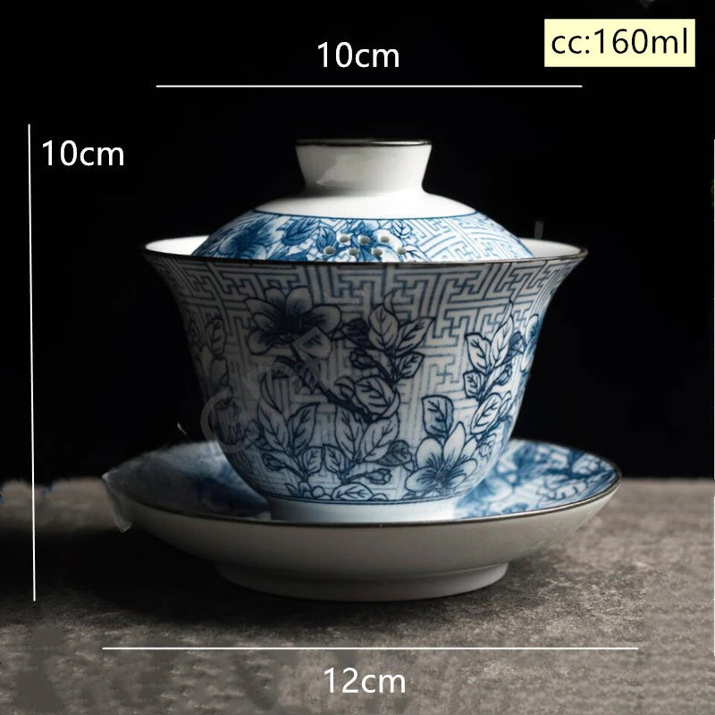 Traditional Blue and White Porcelain Gaiwan Travel Tea Bowl Handmade Ceramic Teacup Home Teaware Accessories Drinkware 160ml