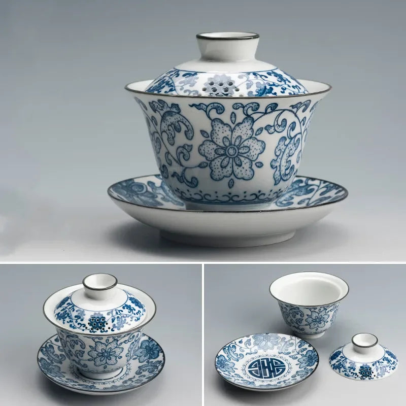 Traditional Blue and White Porcelain Gaiwan Travel Tea Bowl Handmade Ceramic Teacup Home Teaware Accessories Drinkware 160ml