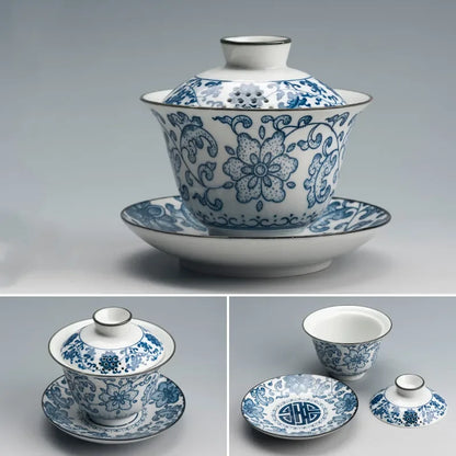 Traditional Blue and White Porcelain Gaiwan Travel Tea Bowl Handmade Ceramic Teacup Home Teaware Accessories Drinkware 160ml