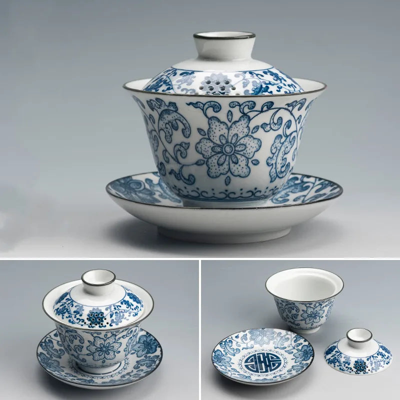 Traditional Blue and White Porcelain Gaiwan Travel Tea Bowl Handmade Ceramic Teacup Home Teaware Accessories Drinkware 160ml