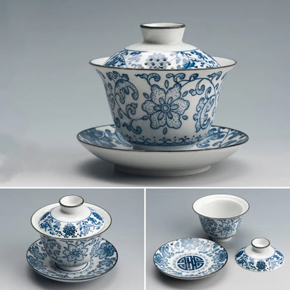 Traditional Blue and White Porcelain Gaiwan Travel Tea Bowl Handmade Ceramic Teacup Home Teaware Accessories Drinkware 160ml