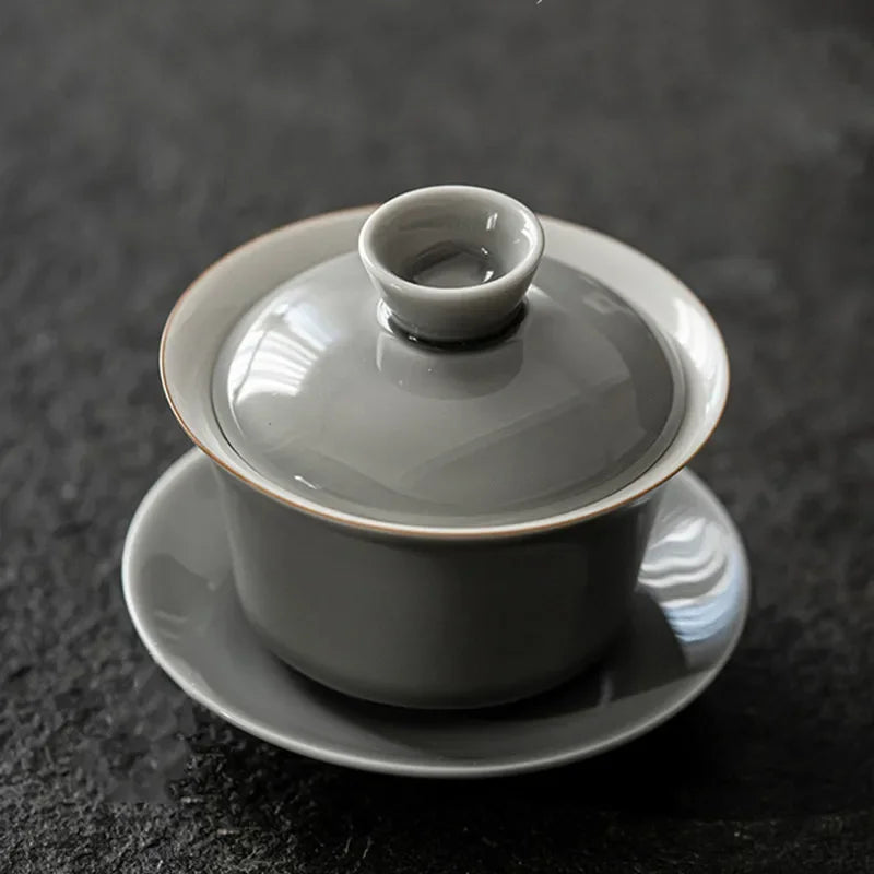 Traditional Ceramics Gray Glaze Gaiwan Home Handmade Tea Tureen Solid Color with Cover Teacup Travel Portable Teaware Supplies