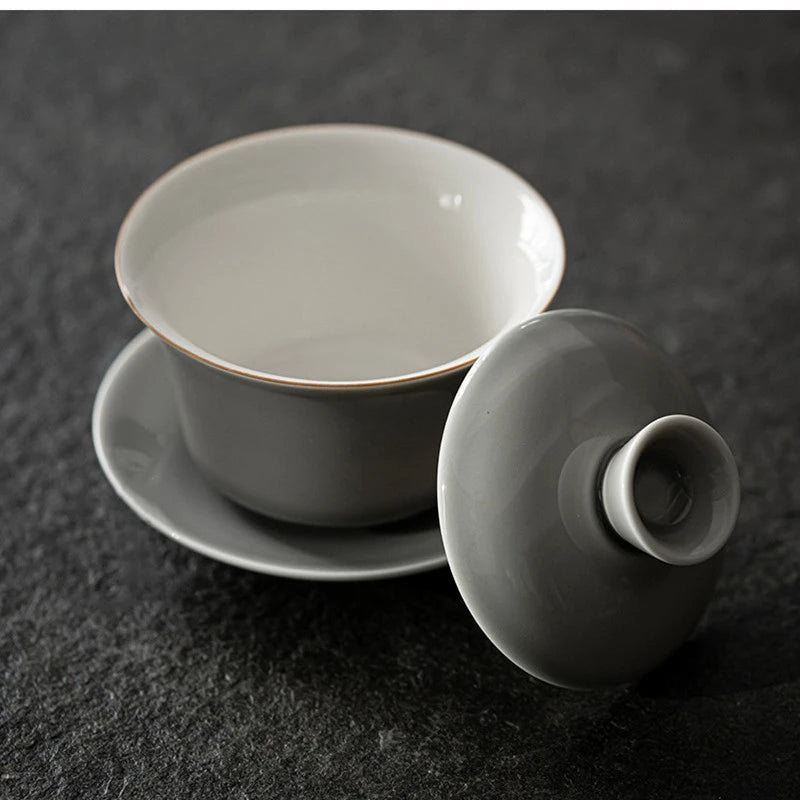 Traditional Ceramics Gray Glaze Gaiwan Home Handmade Tea Tureen Solid Color with Cover Teacup Travel Portable Teaware Supplies