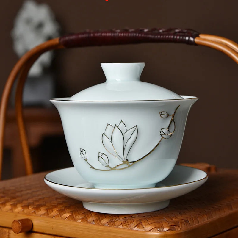 Traditional Chinese Gaiwan Sancai Teacup Pot with Lid Ceramic Tea Tureen Porcelain Tea Cup with Gold Trim Teaware Teapots Set