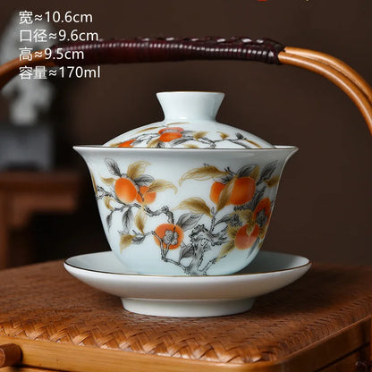 Traditional Chinese Gaiwan Sancai Teacup Pot with Lid Ceramic Tea Tureen Porcelain Tea Cup with Gold Trim Teaware Teapots Set