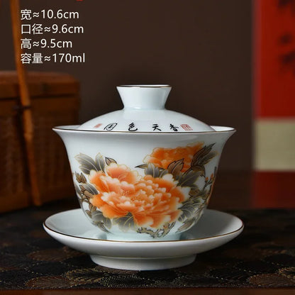 Traditional Chinese Gaiwan Sancai Teacup Pot with Lid Ceramic Tea Tureen Porcelain Tea Cup with Gold Trim Teaware Teapots Set