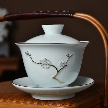 Traditional Chinese Gaiwan Sancai Teacup Pot with Lid Ceramic Tea Tureen Porcelain Tea Cup with Gold Trim Teaware Teapots Set