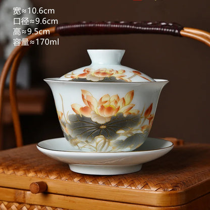 Traditional Chinese Gaiwan Sancai Teacup Pot with Lid Ceramic Tea Tureen Porcelain Tea Cup with Gold Trim Teaware Teapots Set